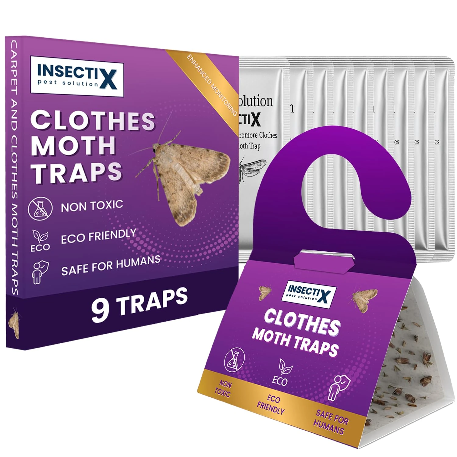 InsectiX Premium Clothes and Carpet Moth Monitoring Traps – 9 Pack, Non-Toxic Odourless Pheromone Pads for Wardrobes, Drawers, Carpets & Storage – Safe for Homes with Pets & Children