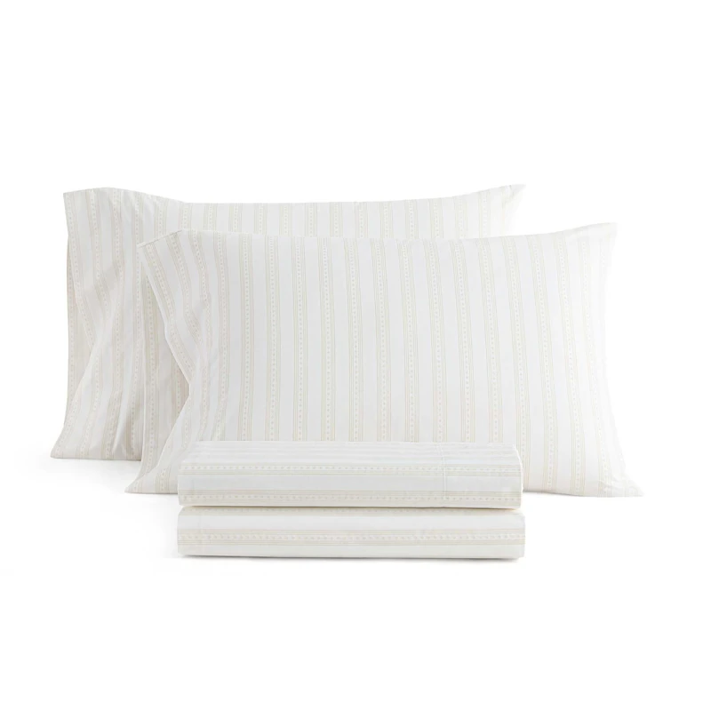 Martha Stewart - Queen Size Sheets Set, Crisp & Tailored Cooling Sheets with a Smooth Cotton Percale Lightweight Feel - Bed Sheets with Matching Pillowcases & Fitted Sheet (Francesca Stripe Beige)