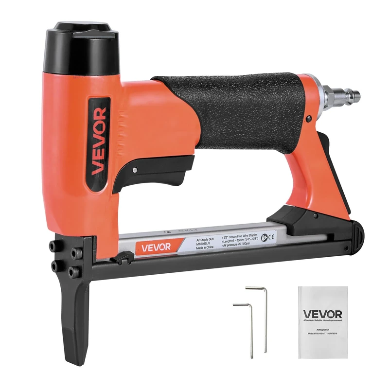 VEVOR Pneumatic Staple Gun, 21 Gauge Long-Nose Upholstery Stapler for 80 Series Fine Wire Staples 12.8mm Crown 6mm-16mm Length, Max 150PCS Loading Air Staple Gun for Upholstering, Woodworking, DIY