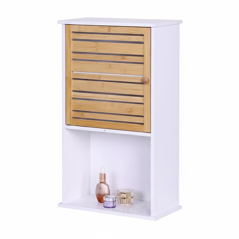 Relaxdays bathroom wall cabinet, 3 shelves, HWD: 70 x 40 x 20 cm, cabinet with bamboo door, slim design, white/natural