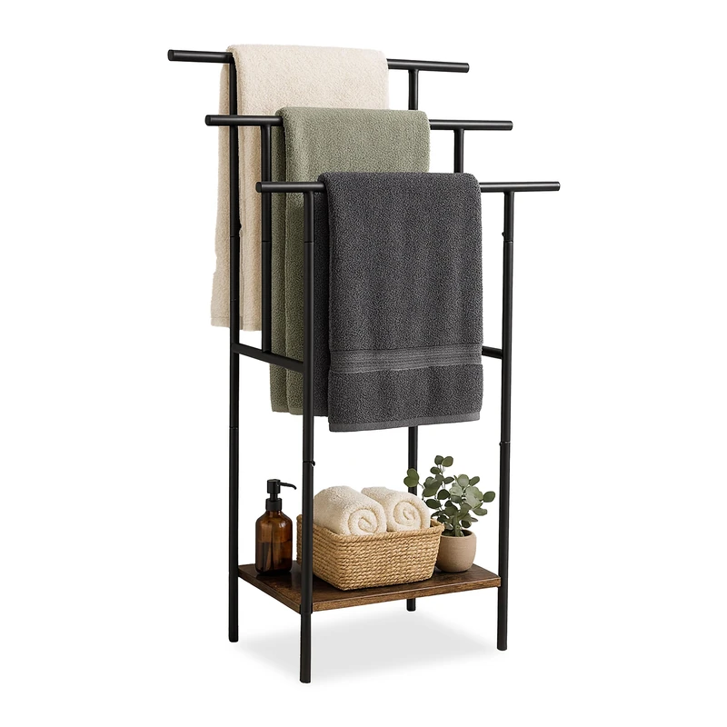 Relaxdays standing towel rack, shelf, 3 bars, HWD: 100 x 68 x 30 cm, industrial, brown/black