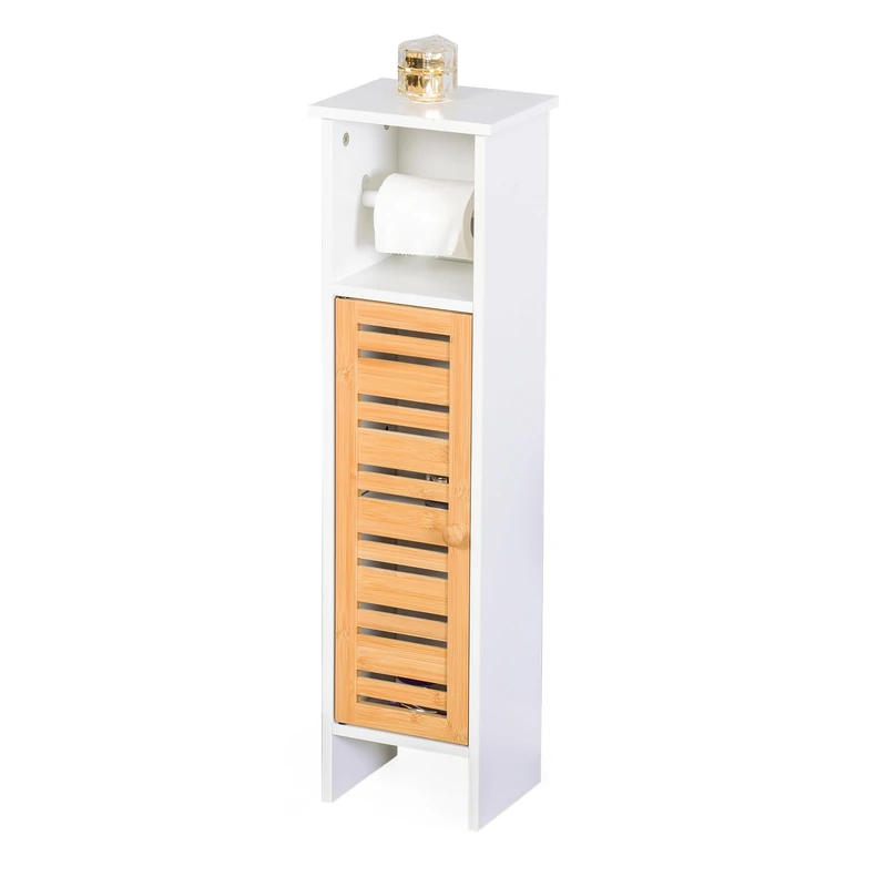 Relaxdays Standing Toilet Paper Holder, Bathroom Shelf with 3 Shelves, HWD 78x21x17 cm, MDF, Bamboo, White/Natural