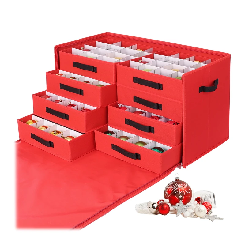 Relaxdays Christmas bauble storage box, 128 baubles, HxWxD: 40 x 73 x 36.5 cm, polyester, cardboard, red