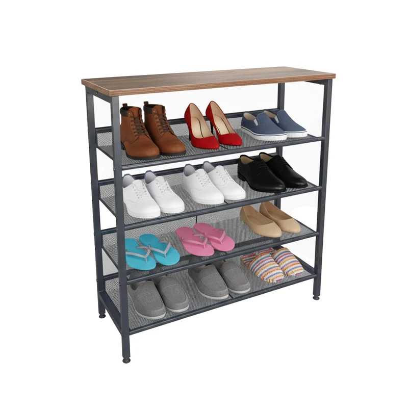 Relaxdays Industrial Shoe Rack, 4 Shelf Levels, HWD: 85 x 80 x 30 cm, Shoe Stand, Wood-Effect Top, Black/Brown
