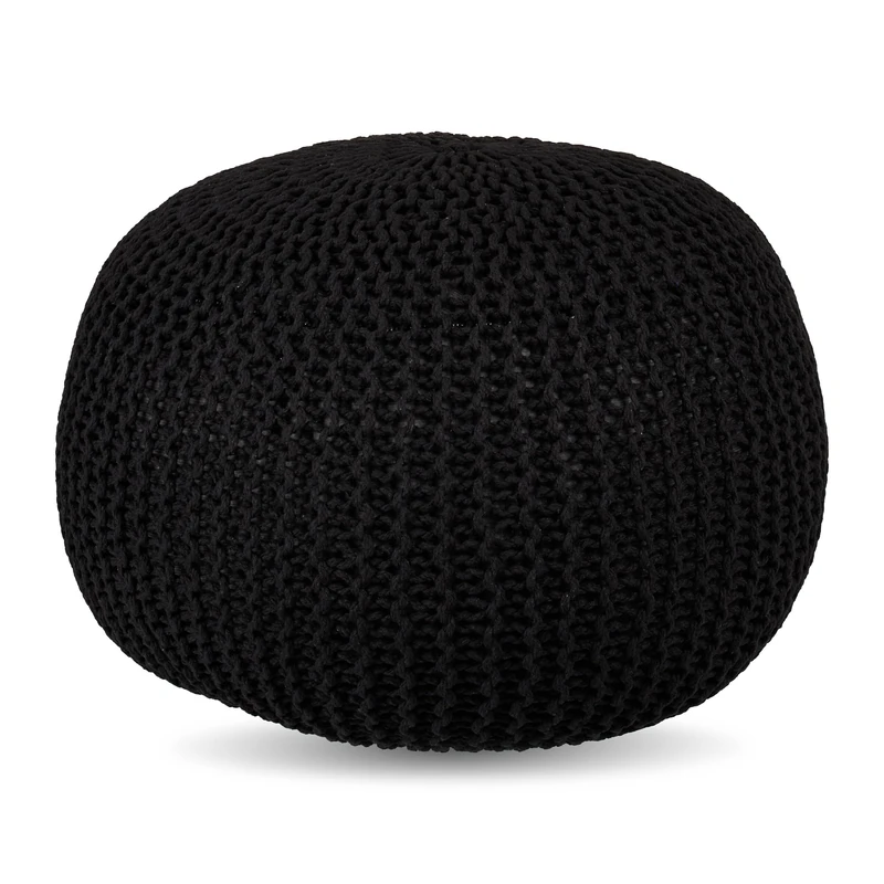 Relaxdays pouffe, knitted, HxD: 33 x 46 cm, polystyrene filling, round floor seat, boho stool, seat pouffe, black