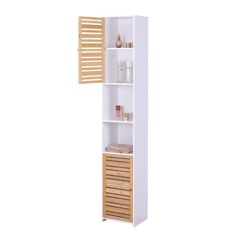 Relaxdays bathroom cabinet, HxWxD: 190 x 34 x 29 cm, 6 shelves, bamboo, MDF, tall, slim, white/natural