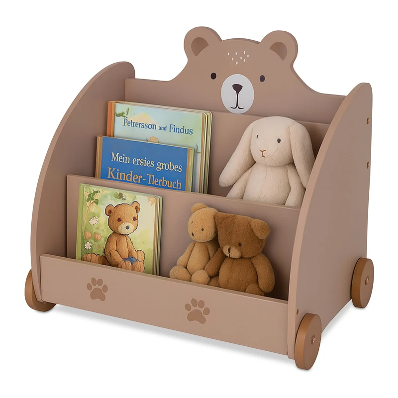 Relaxdays Children's Bookshelf, Bear Design, HWD: 58x60x40 cm, with Wheels, Rounded Corners, Toy Rack, MDF, Brown