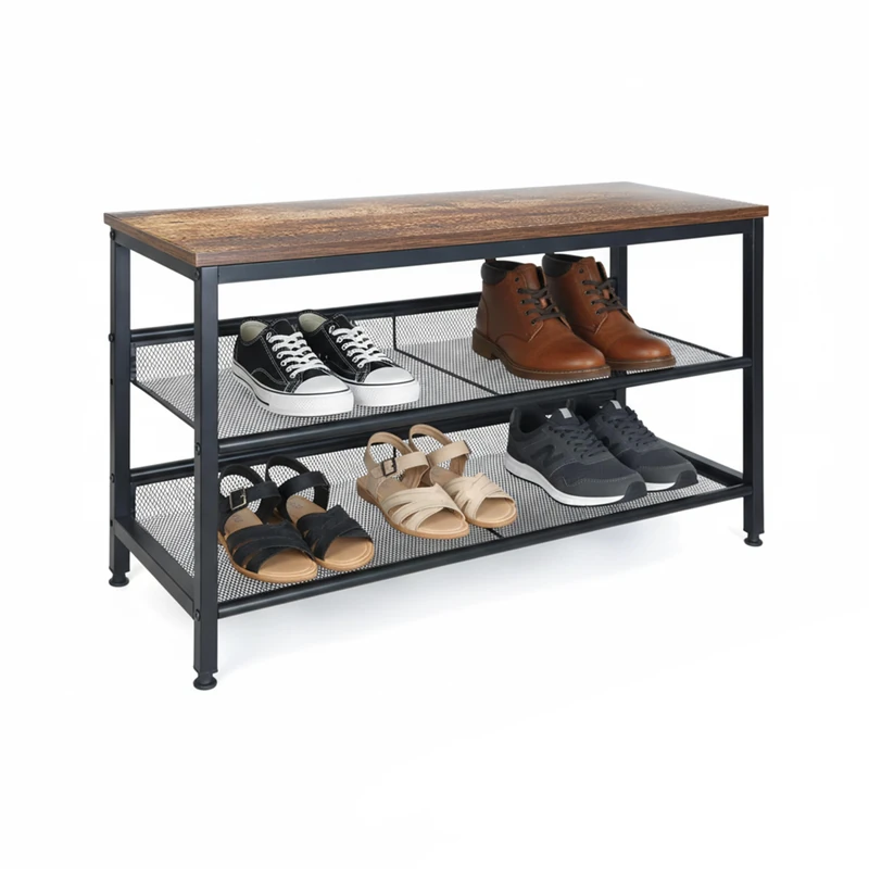 Relaxdays Industrial Shoe Rack, 2 Wire Shelves, HWD: 45 x 80 x 30 cm, Shoe Stand, Wood-Look Top, Black/Brown