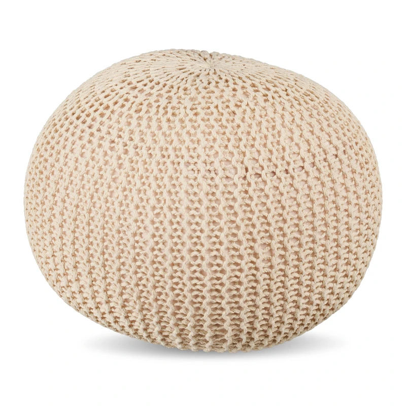 Relaxdays pouf, knitted, HxD: 33 x 46 cm, polystyrene filling, round floor cushion, boho stool, seating pouf, beige
