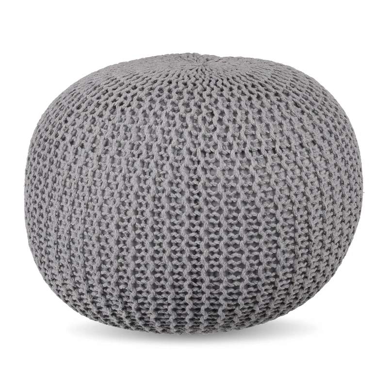 Relaxdays, knitted, HxD: 33 x 46 cm, polystyrene filling, round floor pouffe, boho stool, light grey, Plastic, Cotton, 33 x 46 x 46 cm