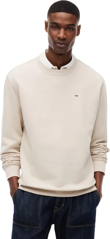 Tommy Jeans Men’s Round Neck Regular Fit Flag Fleece Sweatshirt, Beige (Classic Beige), S