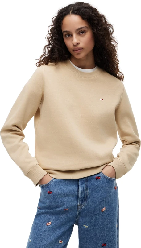 Tommy Jeans Women's Tjw Reg S Flag Crew Dw0Dw19959 Pullover Sweatshirt, BEIGE (Gentle Gold), S - Image 1