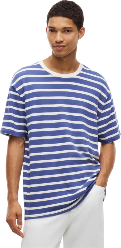 Tommy Jeans Men's T-Shirt Short Sleeve Flag Stripe Relaxed Fit, White (Blue Storm Stripes), XL