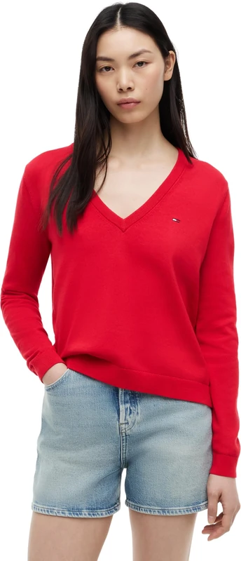 Tommy Jeans Women's Tjw Essential Vneck Sweater Ext Dw0Dw19888 Pullover Sweater, RED (Amaryllis Red), XL