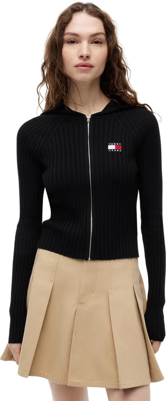 Tommy Jeans Women's Tjw Hood Zipper Rib Cardigan DW0DW20974 Zip Through Sweater, Black (Black), XXS
