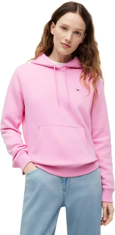 Tommy Jeans Women’s Regular Fit Flag Hoodie, Black (Pink Daisy), L