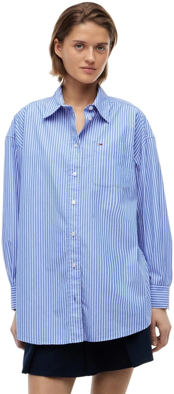 Tommy Jeans Women's Tjw Ovs Essential Shirt Ext DW0DW22936 L/S, Blue (Noble Blue/Stripe), XS