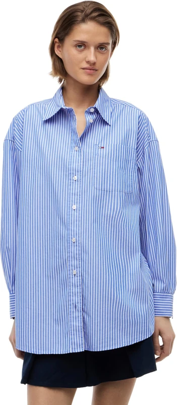 Tommy Jeans Women's Tjw Ovs Essential Shirt Ext DW0DW22936 L/S Shirt, Blue (Noble Blue/Stripe), L - Image 1