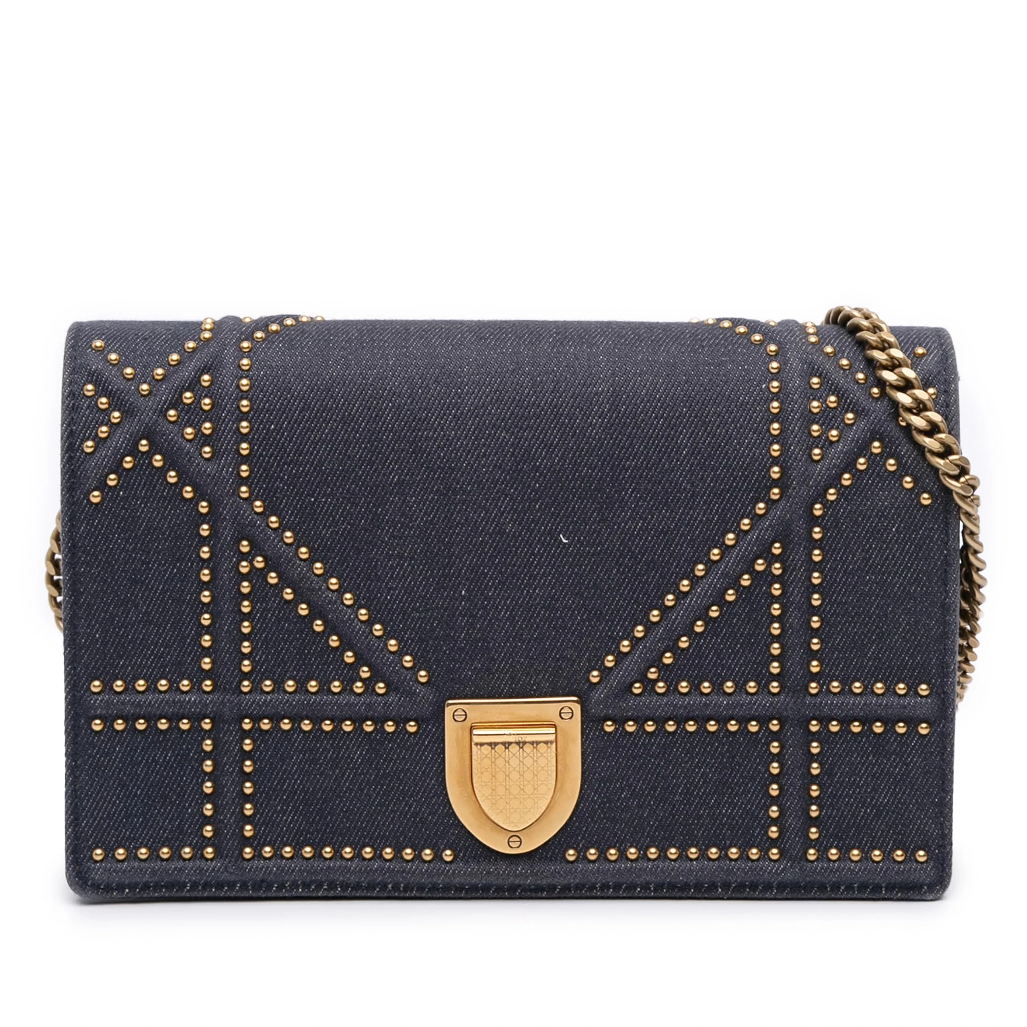 Pre-Loved Studded Denim Diorama Wallet on Chain Handbag