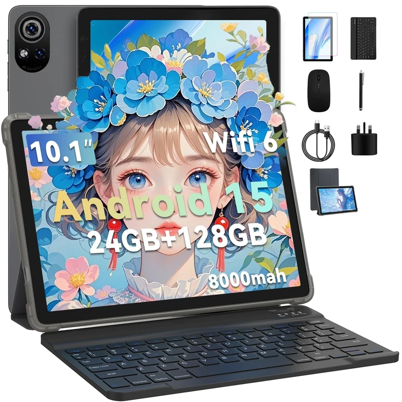 GOZZGEAR Tablet 10 Inch| 24 GB| 128GB ROM(TF 2TB)| Android 15| 4-1 android tablets| Five-core| WiFi 6| 5G WiFi| 8000 Mah|Tablet PC with Keyboard| Mouse| Case| Stylus| 2-Year Warranty (Gray, L)