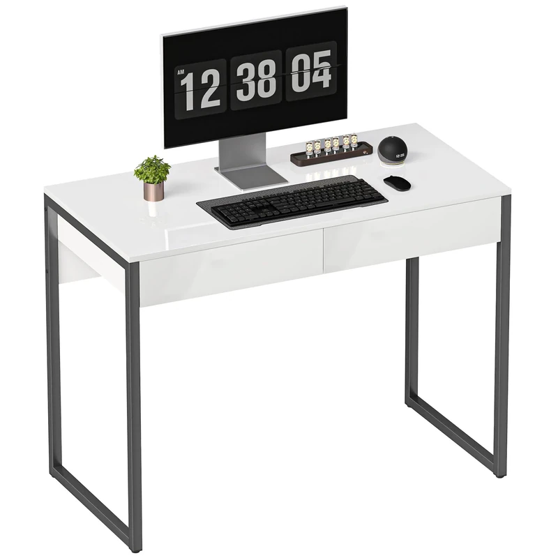 HOMCOM High Gloss Computer Desk with 2 Drawers, 100 x 50 cm Home Office Desk for Small Spaces, Modern Study Writing Table with Steel Legs, White and Black