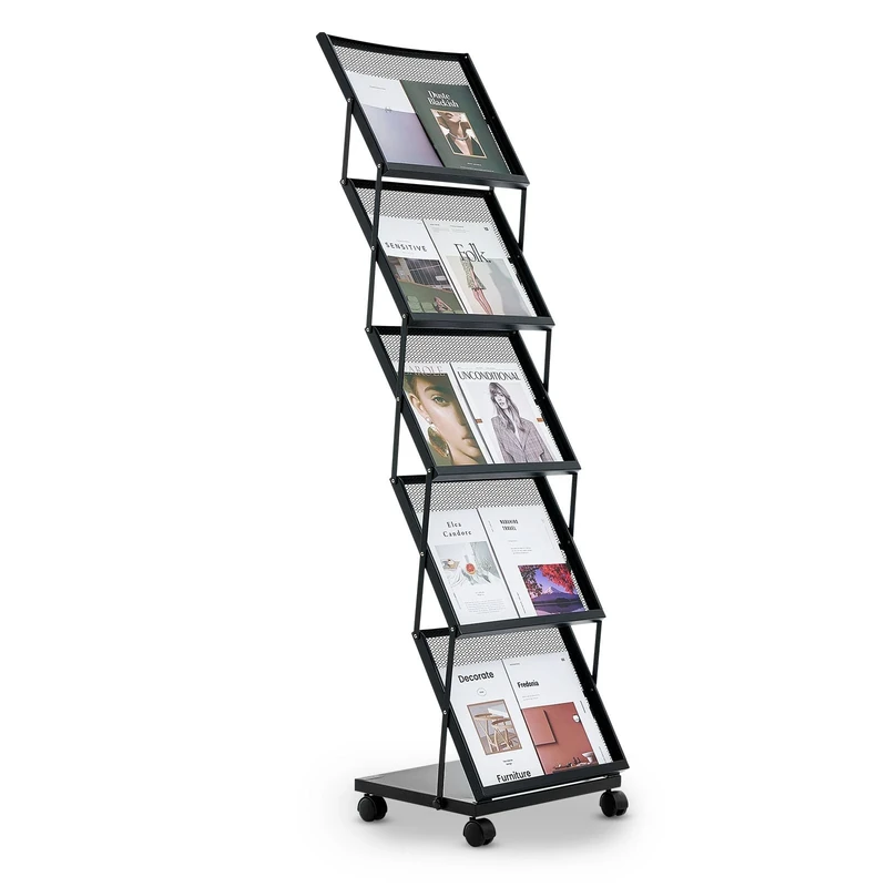 VEVOR Brochure Display Rack, Foldable 5 Pockets Magazine Literature Display Stand, Movable Floor Standing Magazine Rack with Wheels, Metal Newspaper Catalog Holders for Shop Exhibitions Office Show