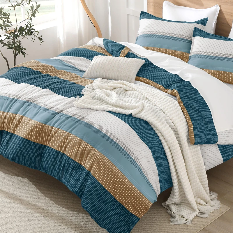 Litanika Queen Comforter Set - 3 Pieces Stripe Bedding Comforter Sets