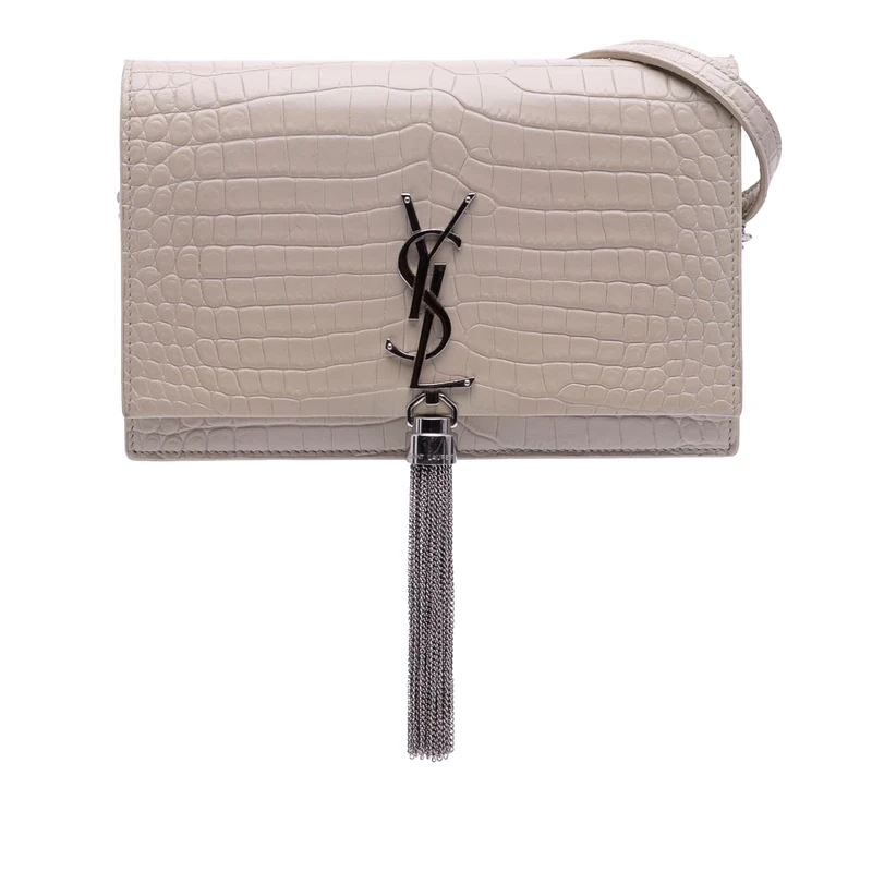 Yves Saint Laurent Pre-Loved Croc Embossed Leather Monogram Kate Tassel Wallet On Chain Handbag Crossbody Bag