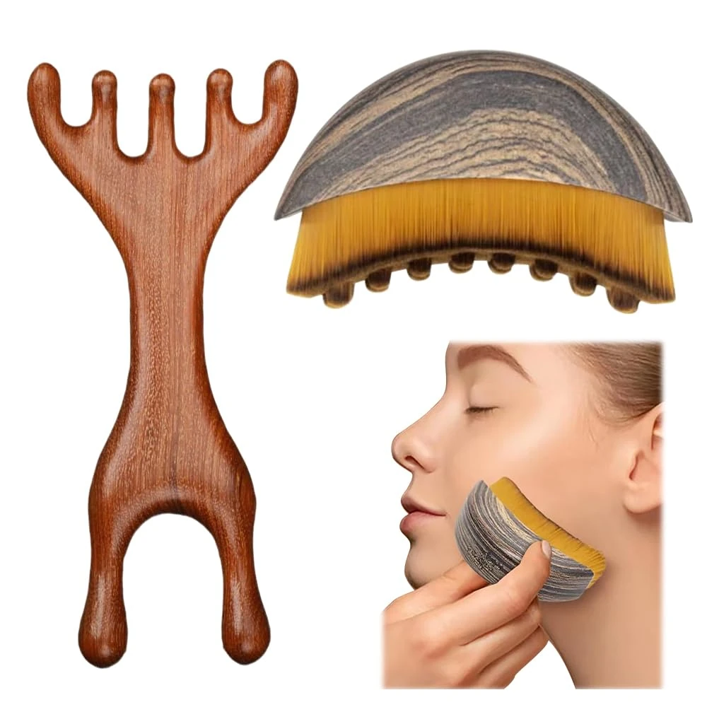 2pcs Lymphatic Contour Face Brush, Dry Brushing Face Brush with Sandalwood Deer Antlers Comb, Lymphatic Drainage Massager for Face, Chin & Jawline Sculpting, Portable Facial Tool, Reduce Puffiness