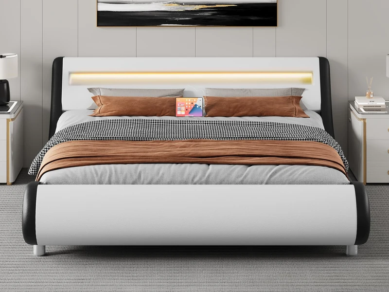 YITAHOME Bed Frame,Upholstered Led with Lights & Storage Platform Charging Station Bed Frame with Pu Leather/No Box Spring Needed,White and Obsidian Double size
