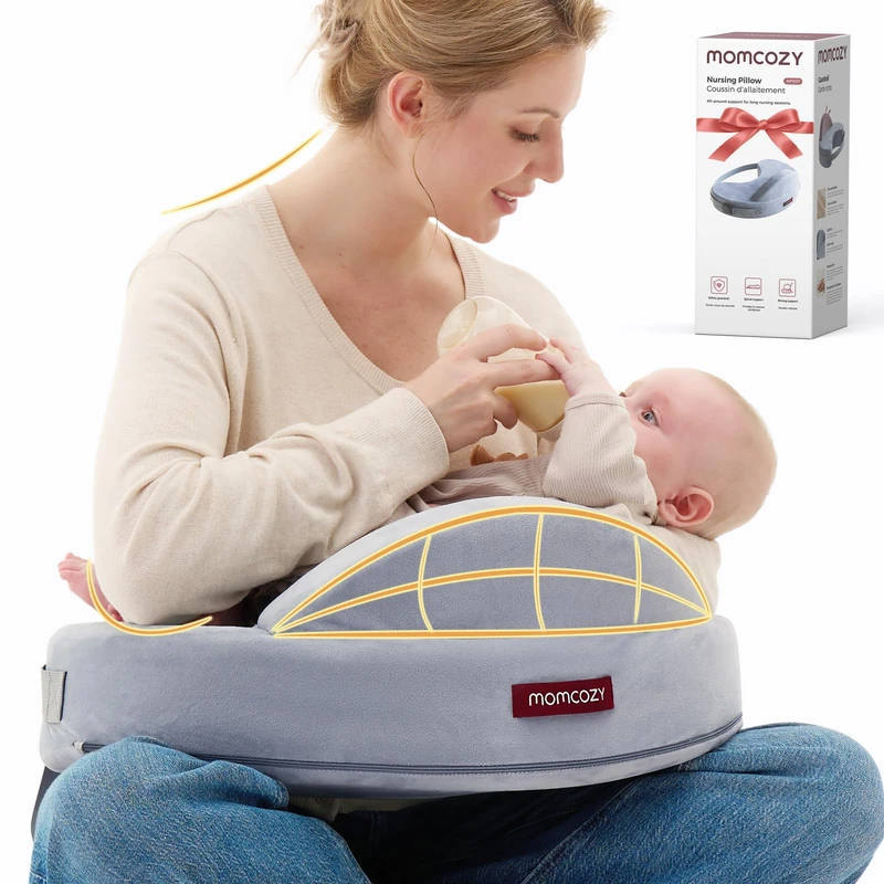 momcozy Memory Foam Nursing Pillow, Ergonomic Breastfeeding Cushion with Safety Fence, Wide Support & Adjustable Strap, Removable Velvet Cover, Grey
