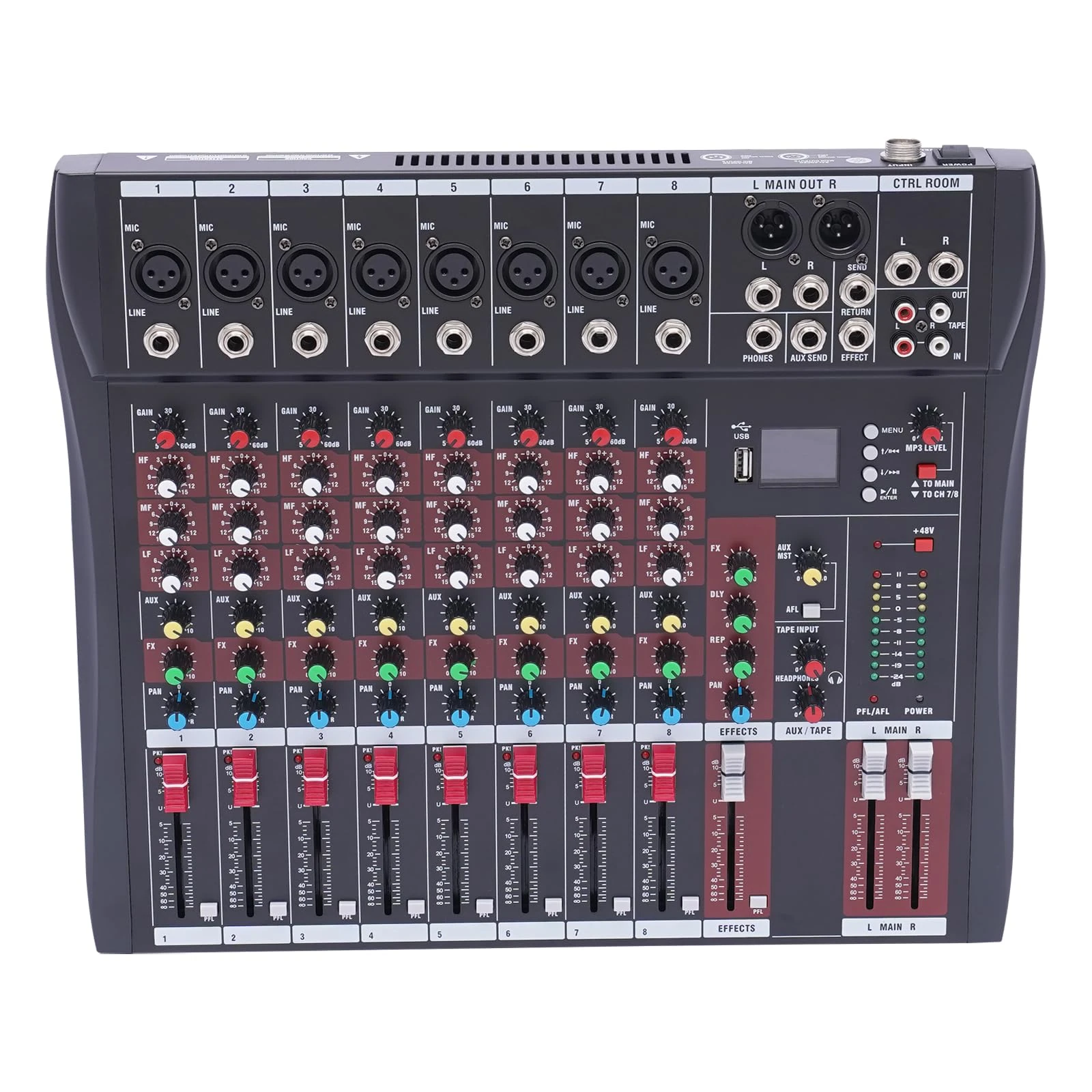 WindWilder 8 Channel Mixer 40x34x3.7cm, Bluetooth Audio Console with 3-Band EQ for Home Studio Recording, Black