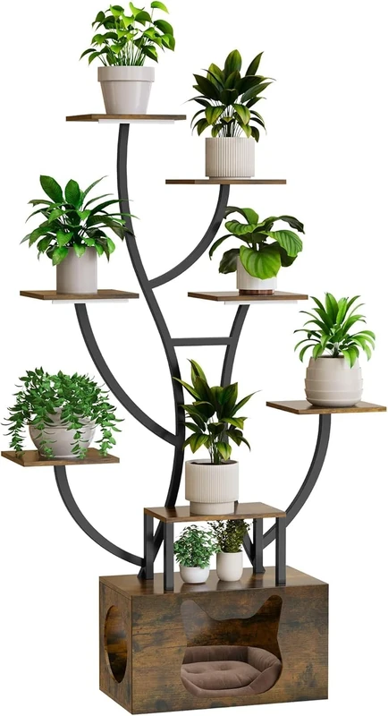 YITAHOME Plant Stand Indoor with LED Grow Lights, 160CM Tall Curved Plant Holder Rack,6-Tier Metal Plant Shelf with Cats Bed, Flower Holder Corner Stand for Living Room, Patio, Balcony