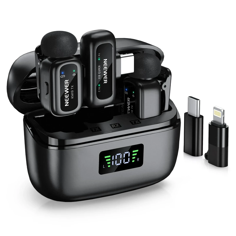 NEEWER KM19 Lightweight Wireless Lapel Microphone, 48kHz/24bit 30H Battery 3-Level Noise Cancelling Mute Stereo 100m Range Mini Lav Mic with App Control, Compatible with iPhone Android Phone PC