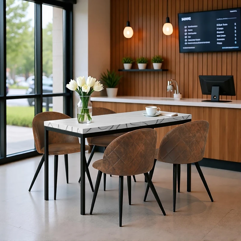 FurnitureR Modern 5-Piece Dining Table Set with Faux Marble Top & 4 Upholstered Dining Chairs, Rectangular Kitchen Table and Comfortable Seating for Dining Room, Kitchen, and Bistro,150x75x75cm