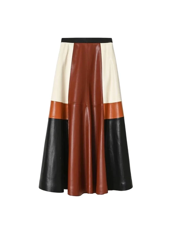 Women's Vintage Patchwork Pu Leather Mini Skirt High Waist A Line Skirts
