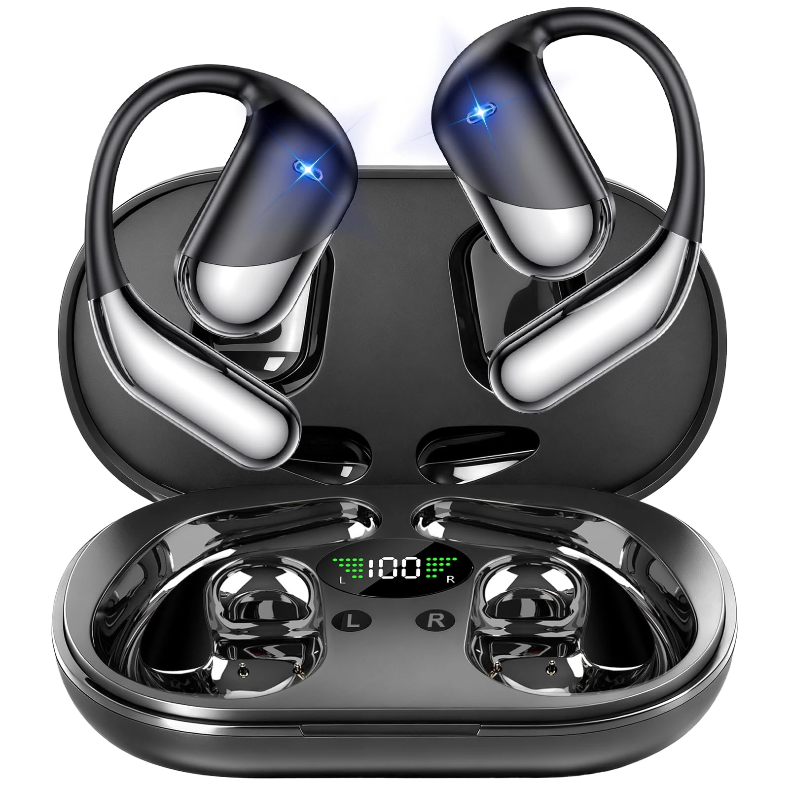 Open Ear Wireless Earbuds Headphones, Bluetooth 5.4, Built-in Mic, IPX7 Waterproof, LED Display Charging Case,Ear Hooks Clip Ear Buds，Design for Running Fitness Workout Office Game Gym