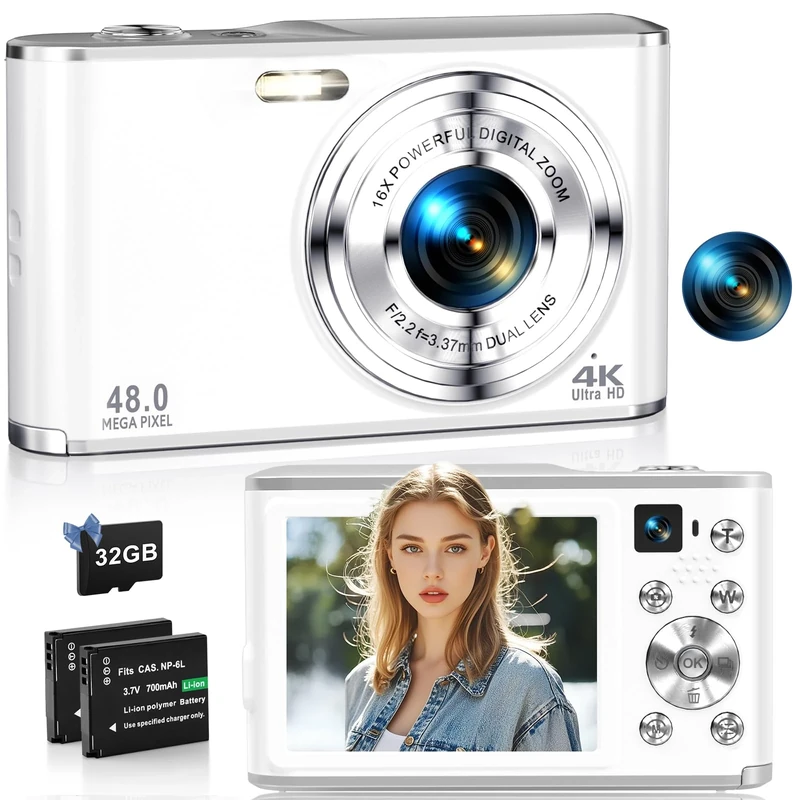 4K Digital Camera 48MP Autofocus Cameras for Photography Compact Camera with Dual Front and Rear Camera, Point and Shoot Cameras with16X Digital Zoom, 32GB TF Card & 2 Batteries-White