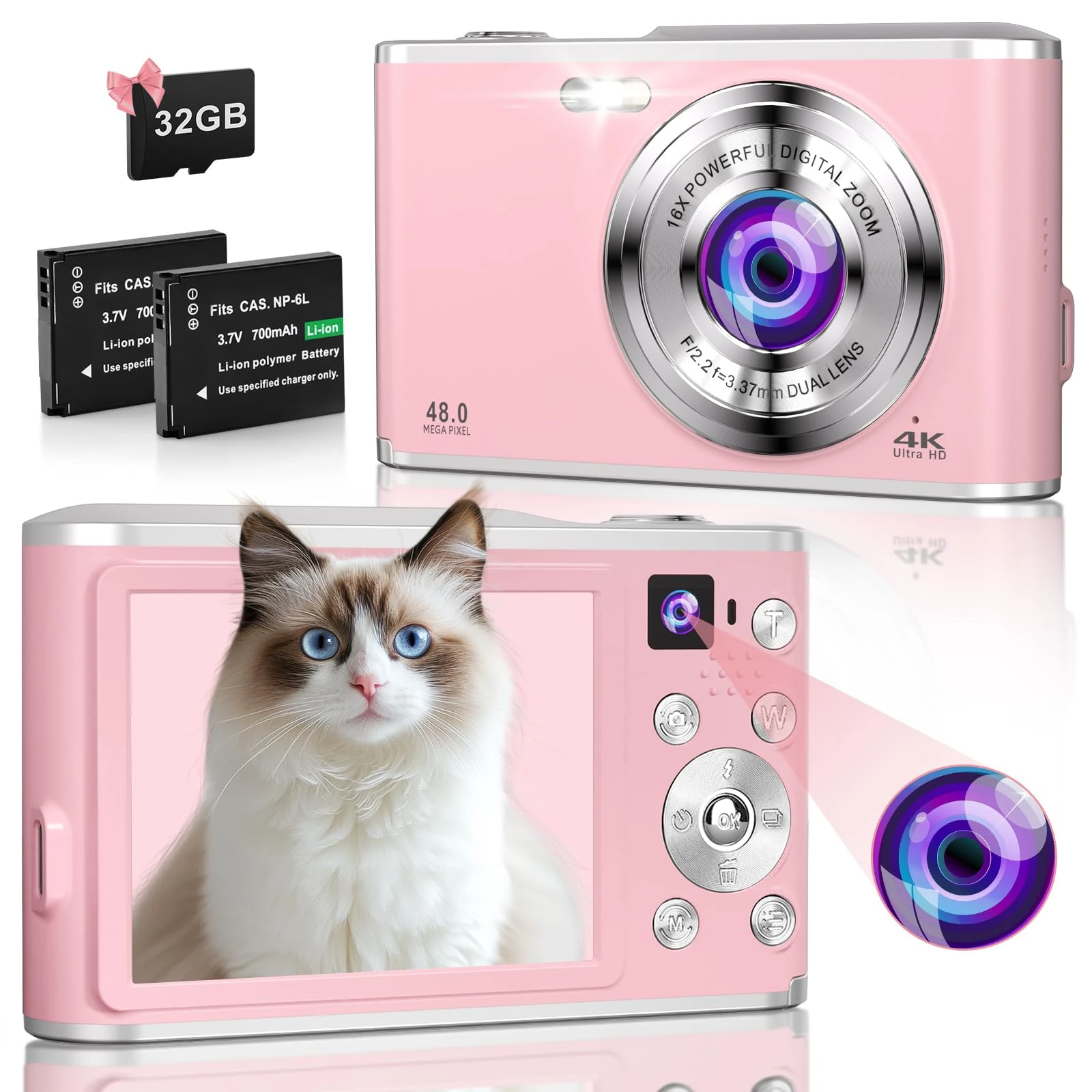 4K Digital Camera 48MP Autofocus Cameras for Photography Compact Camera with Dual Front and Rear Camera, Point and Shoot Cameras with16X Digital Zoom, 32GB TF Card & 2 Batteries-Pink