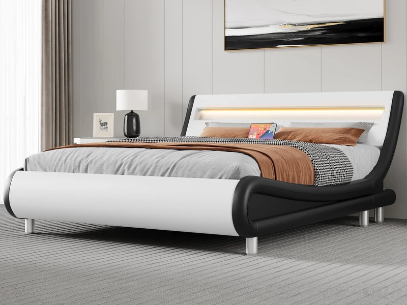 YITAHOME King Bed Frame,Upholstered Led Bed Frame with Lights & Storage Charging Station,Platform Bed Frame with Pu Leather/No Box Spring Needed,White and Obsidian Black