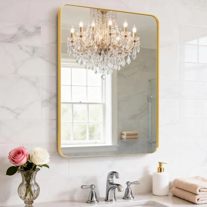 YYXW 24X32 Inch Gold Metal Framed Bathroom Mirror for Wall, Gold Rounded Rectangle Mirror, Brushed Gold Bathroom Vanity Mirror Farmhouse, Anti-Rust, Tempered Glass, Hangs Horizontally or Vertically