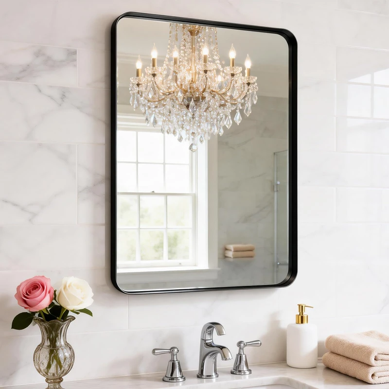 YYXW Black Bathroom Mirror for Wall, 24" x 30" Metal Framed Mirror, Rounded Rectangle Bathroom Mirrors, Black Bathroom Mirrors for Over Sink,Tempered Glass, Anti-Rust