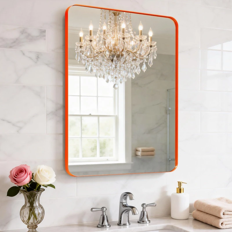 YYXW 18x24inch Orange Bathroom Mirror Wall Mounted, Matte Aluminum Alloy Frame with Rounded Corners, Shatterproof Tempered Glass, Anti-Rust HD Vanity Mirror for Bathroom, Bedroom, Entryway