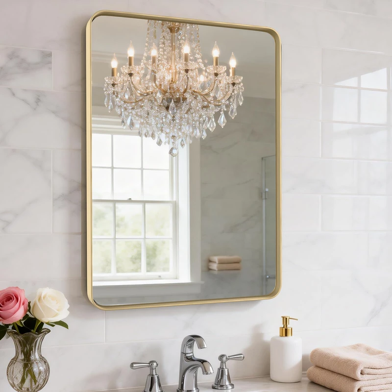 YYXW 24X30 Inch Gold Metal Framed Bathroom Mirror for Wall, Gold Rounded Rectangle Mirror, Brushed Gold Bathroom Vanity Mirror Farmhouse, Anti-Rust, Tempered Glass, Hangs Horizontally or Vertically