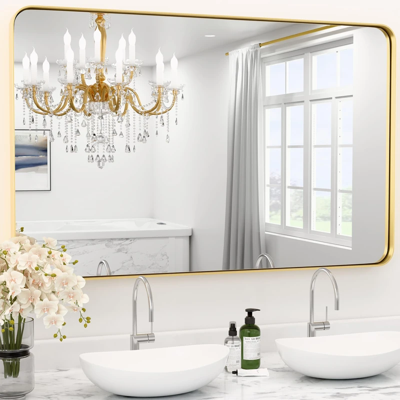 YYXW 30"X40" Large Gold Metal Framed Bathroom Mirror for Wall, Large Mirrors for Spacious Rooms,Gold Rounded Rectangle Mirror, Brushed Gold Bathroom Vanity Mirror Farmhouse, Anti-Rust, Tempered Glass