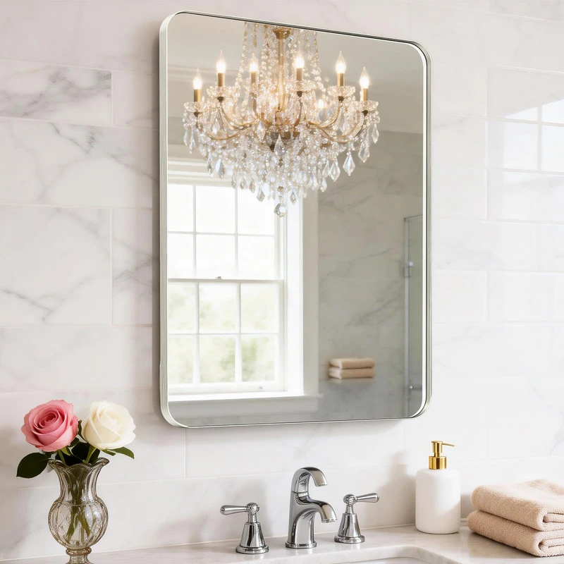 YYXW 24X32 Inch Brushed Nickel Bathroom Mirror for Wall, Brushed Silver Metal Framed Mirror, Rounded Rectangle Silver Bathroom Mirrors, Tempered Glass, Anti-Rust, Hangs Horizontally or Vertically