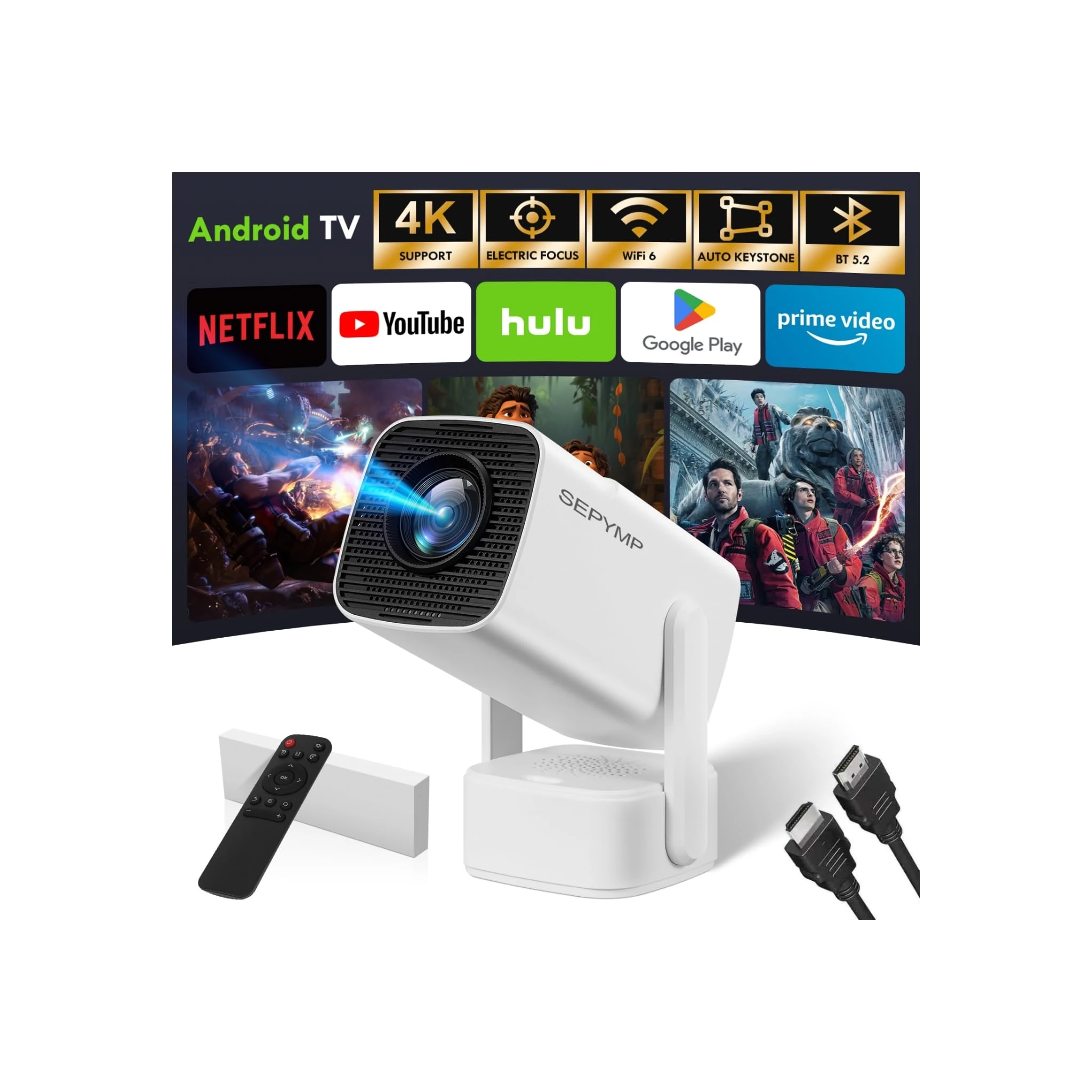 Mini Projector 2025 Upgraded with 4K & 1080P, Portable Video Projector for Bedroom & Outdoor , Android 13 with WiFi 6 & Bluetooth 5.2, Built-in Netflix, Compatible with iPhone/TV Stick