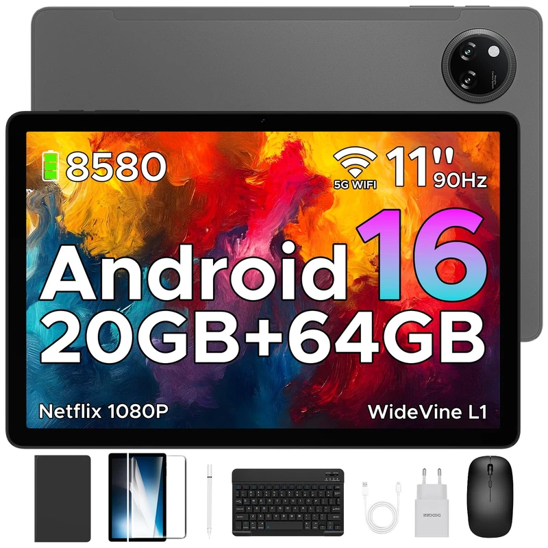 TAB A9+ 2025 Android 16 Tablet with Gemini AI, 11 Inch 8580mAh Tablet With Keyboard, T7200 Octa Core Android Tablets, 20GB+64GB / 2TB Tablets With Pen, 13+5MP, 2 Speakers, Mouse & Case