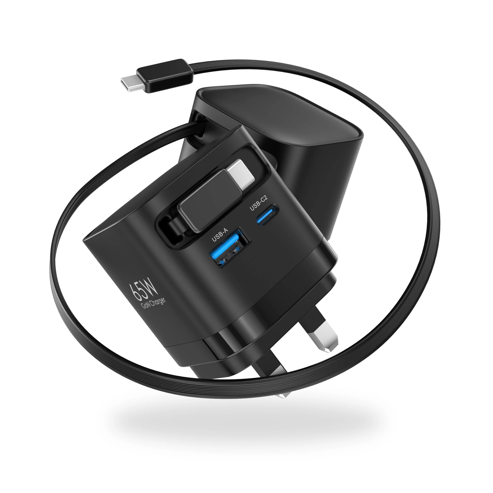 65W USB C Charger with Retractable USB C Cable, 3-Port GaN Fast Charger Plug UK Power Adapter for MacBook Pro/Air, for iPhone 17/16/15 Pro Max Series, for iPad air/Pro, Laptop, Galaxy and More, Black