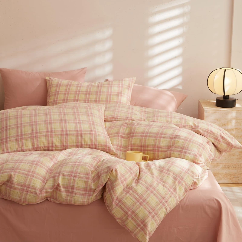 EAVD Modern Gingham Comforter Set Queen Pink Yellow Grid Plaid Comforter Set 3 Pieces Reversible Grid Checkered Pattern Bedding Set with 2 Pillowcases Farmhouse Gingham Bedding Set Soft Fluffy